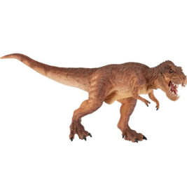 Braune Tyrannosaurus-rex-Figur mit offenem Maul, steht auf zwei Beinen.