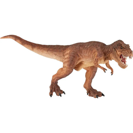 Braune Tyrannosaurus-rex-Figur mit offenem Maul, steht auf zwei Beinen. Braune Tyrannosaurus-rex-Figur mit offenem Maul, steht auf zwei Beinen.