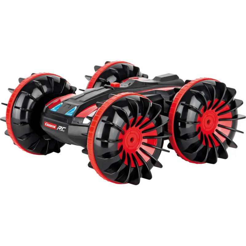 Schwarz-rotes ferngesteuertes Stuntauto mit großen Stachelrädern und futuristischem, schlankem Karosseriedesign. Schwarz-rotes ferngesteuertes Stuntauto mit großen Stachelrädern und futuristischem, schlankem Karosseriedesign.