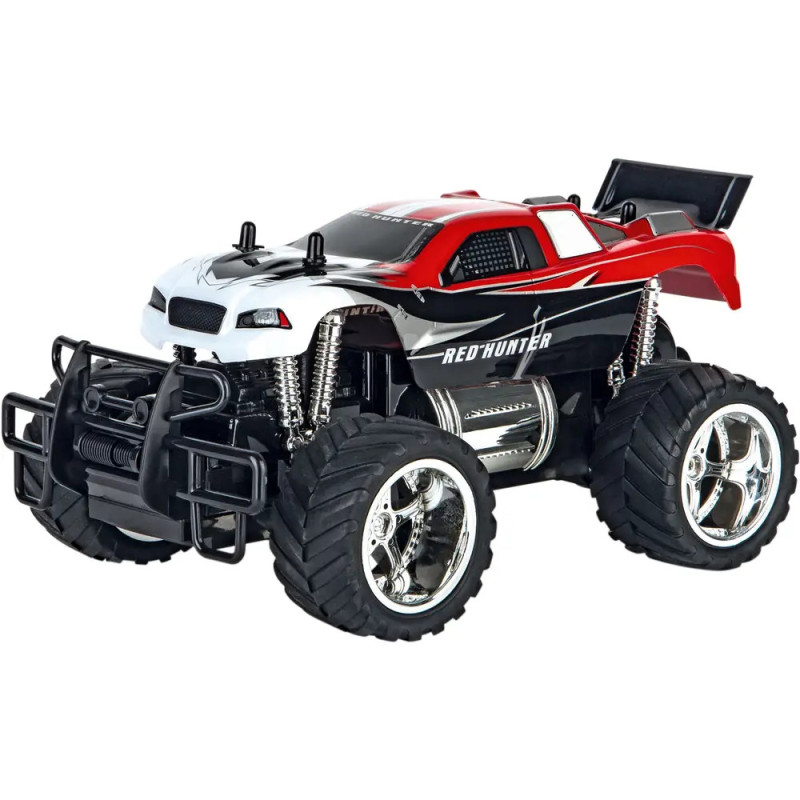 Spielzeug-Monstertruck mit großen Rädern, rot-schwarzem Design, silbernen Details und Red Hunter-Schriftzug.