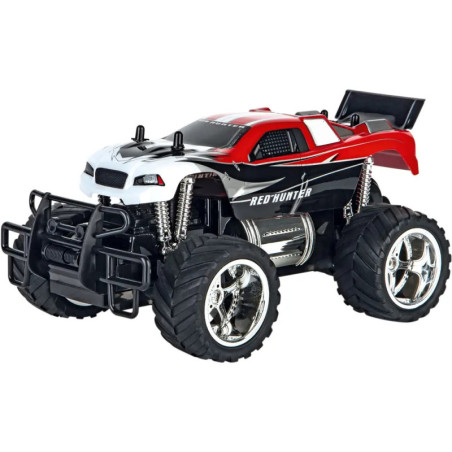 Spielzeug-Monstertruck mit großen Rädern, rot-schwarzem Design, silbernen Details und Red Hunter-Schriftzug.