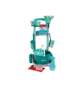 Putzspielzeug-Set mit Wischmopp, Eimer, Sprühflasche, Besen, Kehrschaufel und Bürsten auf einem Rollwagen.