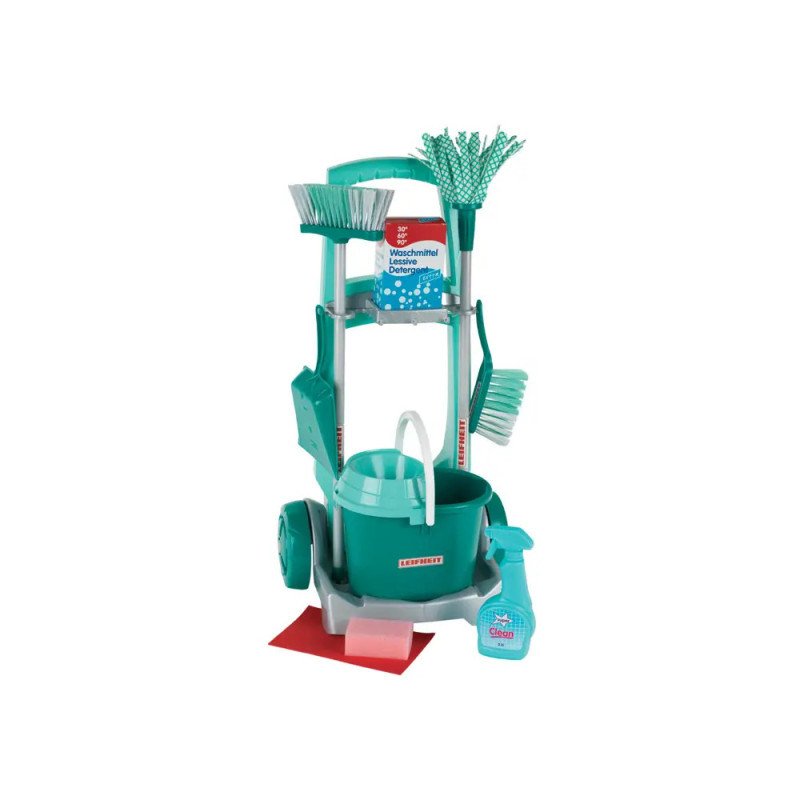 Putzspielzeug-Set mit Wischmopp, Eimer, Sprühflasche, Besen, Kehrschaufel und Bürsten auf einem Rollwagen. Putzspielzeug-Set mit Wischmopp, Eimer, Sprühflasche, Besen, Kehrschaufel und Bürsten auf einem Rollwagen.