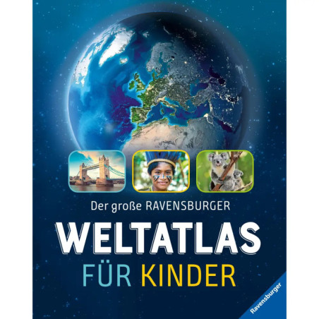 Cover eines deutschen Kinder-Weltatlas mit Abbildungen von Erde, Tower Bridge, einem Kind und einem Koala. Cover eines deutschen Kinder-Weltatlas mit Abbildungen von Erde, Tower Bridge, einem Kind und einem Koala.