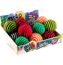 Schachtel mit bunten, stacheligen Gummibällen namens Drop Dots Ball in auffälliger Verpackung.