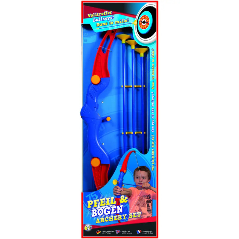 Spielzeug-Bogenschießset mit blau-rotem Bogen und vier Saugnapfpfeilen in bunter Verpackung.