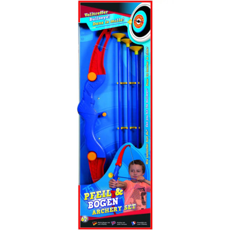 Spielzeug-Bogenschießset mit blau-rotem Bogen und vier Saugnapfpfeilen in bunter Verpackung.