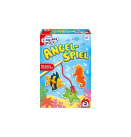 Bunte Angelspiel-Box von Schmidt mit Fisch-, Seepferdchen- und Seesternmotiven, geeignet ab 2 Jahren.