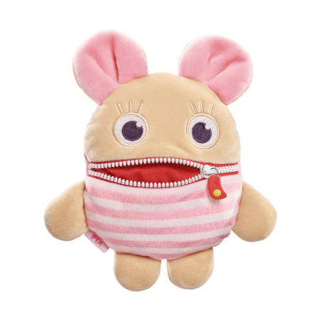 Rundes, beiges Kuscheltier mit großen Augen, rosa Ohren, gestreiftem Shirt und einem Reißverschluss als Mund.