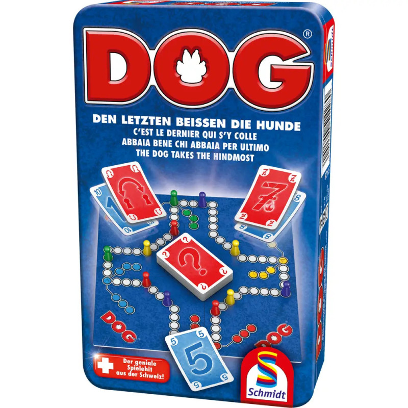 DOG Brettspiel-Dose mit Spielkarten, Pfotenlogo, bunten Spielfeldern und mehrsprachiger Beschriftung.