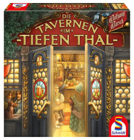 Brettspielschachtel mit geöffneter Tavernentür, Menschen im Inneren, Titel: Die Tavernen im Tiefen Thal.