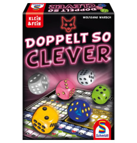 Spieleschachtel von Doppelt So Clever mit bunten Würfeln und Spielblock auf dem Cover.