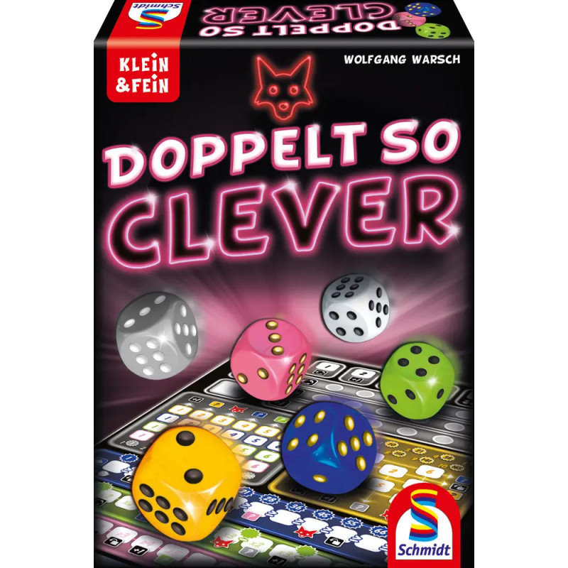 Spieleschachtel von Doppelt So Clever mit bunten Würfeln und Spielblock auf dem Cover. Spieleschachtel von Doppelt So Clever mit bunten Würfeln und Spielblock auf dem Cover.