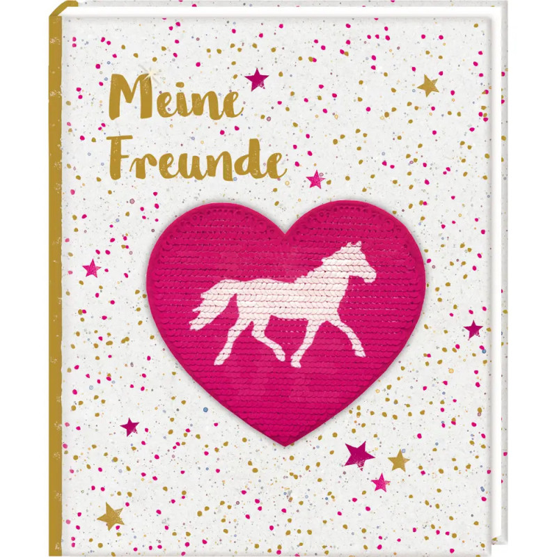 Deutsches Freundebuch mit Meine Freunde, Sternen und einem Herz mit weißem Pferdesilhouetten-Motiv.