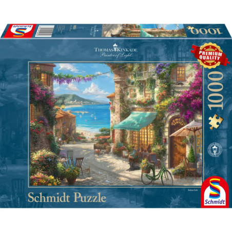 Schmidt Puzzle mit 1000 Teilen: Bunte Küstenort-Straßenszene von Thomas Kinkade auf dem Schachteldeckel. Schmidt Puzzle mit 1000 Teilen: Bunte Küstenort-Straßenszene von Thomas Kinkade auf dem Schachteldeckel.
