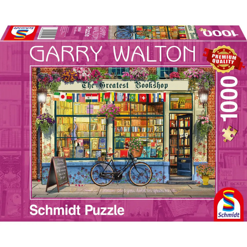 Puzzlebox mit bunter Buchladenfront, Fahrrad, Blumen und zahlreichen Weltflaggen. Puzzlebox mit bunter Buchladenfront, Fahrrad, Blumen und zahlreichen Weltflaggen.