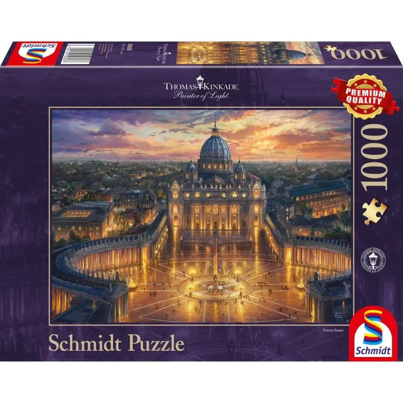 Schmidt Puzzle mit 1000 Teilen, Motiv: Leuchtende Stadtansicht mit dem Petersdom bei Sonnenuntergang. Schmidt Puzzle mit 1000 Teilen, Motiv: Leuchtende Stadtansicht mit dem Petersdom bei Sonnenuntergang.