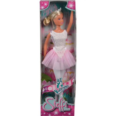 Blonde Ballerina-Puppe im rosa-weißen Tutu, verpackt in einer pinken Steffi Love Ballerina-Box.