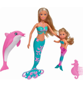 Barbie Meerjungfrau mit Baby-Meerjungfrau, pinkem Delfin-Spielzeug und rosa Seepferdchen-Kamm.