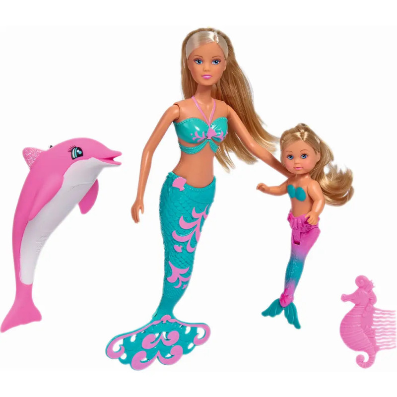 Barbie Meerjungfrau mit Baby-Meerjungfrau, pinkem Delfin-Spielzeug und rosa Seepferdchen-Kamm.