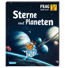 Buchcover mit gezeichnetem Hasen im Raumanzug vor Planeten und Sternen Titel: Sterne und Planeten.