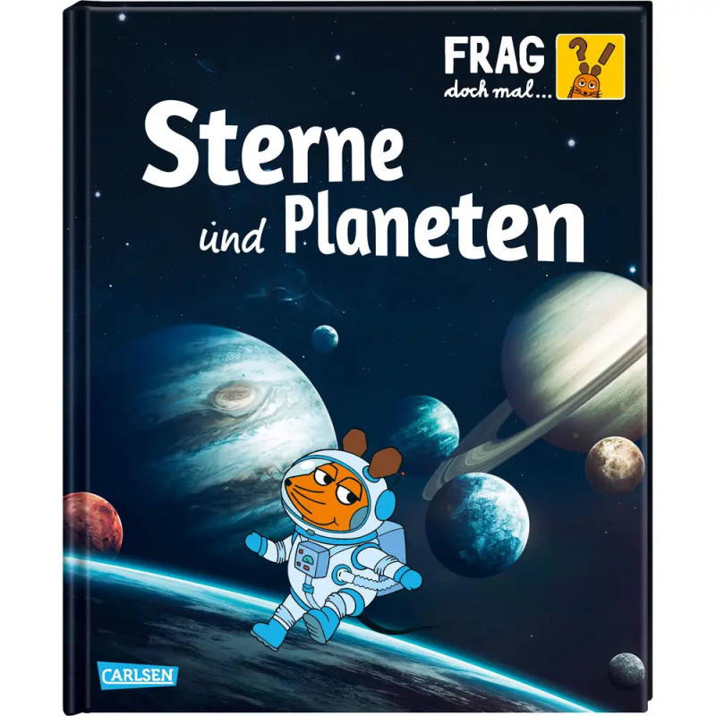 Buchcover mit gezeichnetem Hasen im Raumanzug vor Planeten und Sternen Titel: Sterne und Planeten.