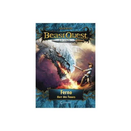 Ein Junge mit Schwert steht einem feuerspeienden Drachen auf dem Cover von Beast Quest: Ferno Herr des Feuers gegenüber. Ein Junge mit Schwert steht einem feuerspeienden Drachen auf dem Cover von Beast Quest: Ferno Herr des Feuers gegenüber.