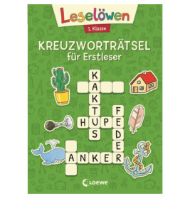 Grünes Kreuzworträtselbuch für Erstleser mit Tieren und Gegenständen auf dem Cover.