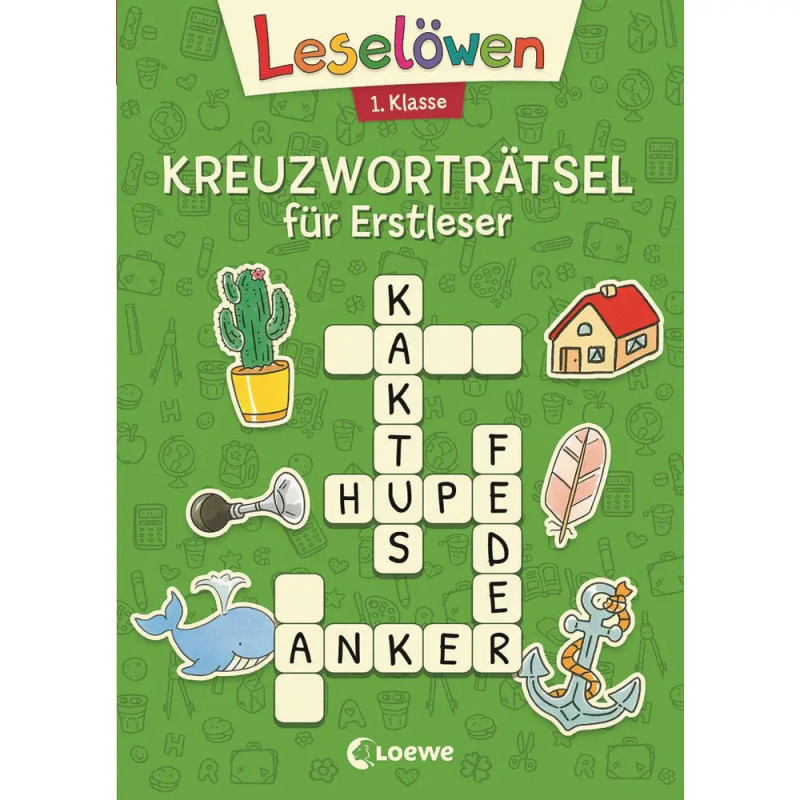 Grünes Kreuzworträtselbuch für Erstleser mit Tieren und Gegenständen auf dem Cover.