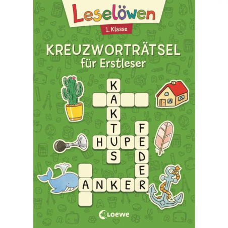 Grünes Kreuzworträtselbuch für Erstleser mit Tieren und Gegenständen auf dem Cover.
