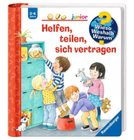 Vier Kinder teilen Kekse und Spielzeug auf einem bunten, deutsch betitelten Buchcover.