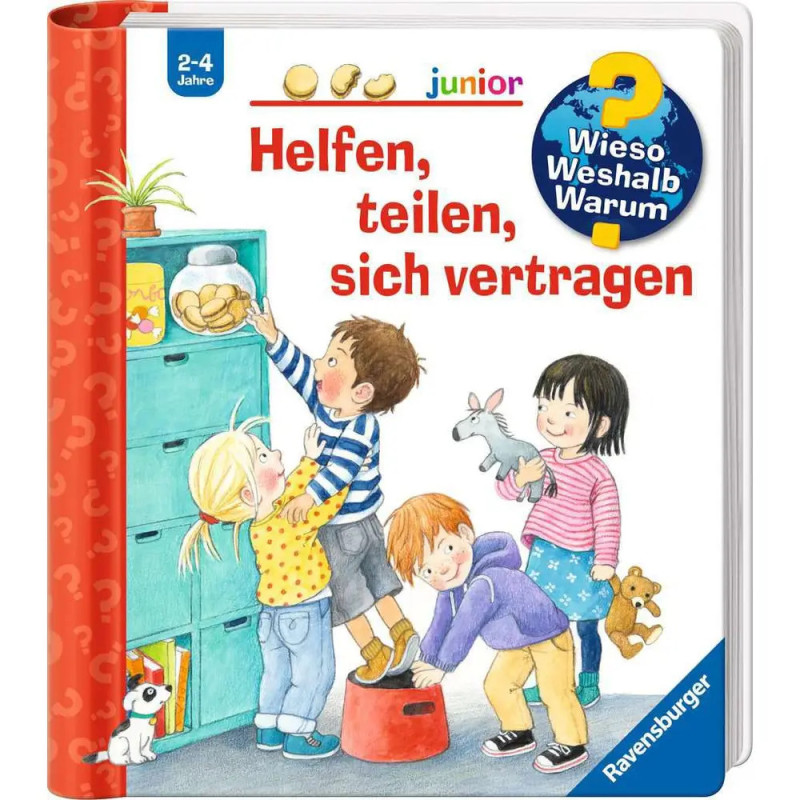Vier Kinder teilen Kekse und Spielzeug auf einem bunten, deutsch betitelten Buchcover.