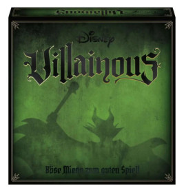 Disney Villainous Brettspielschachtel mit grünem Hintergrund und schwarzer Schrift im Gothic-Stil.