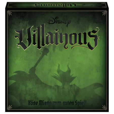 Disney Villainous Brettspielschachtel mit grünem Hintergrund und schwarzer Schrift im Gothic-Stil.