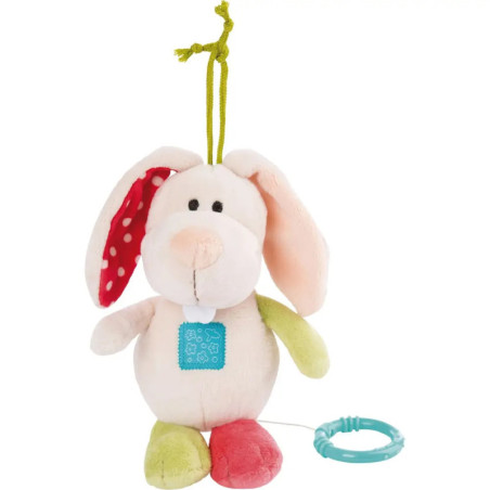 Plüschhase mit bunten Ohren, Füßen und Zugring an einer Schnur am Kopf.