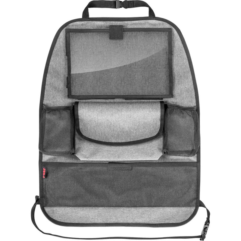 Grauer Auto-Sitz-Organizer mit mehreren Fächern und einer transparenten Tablethalterung oben.