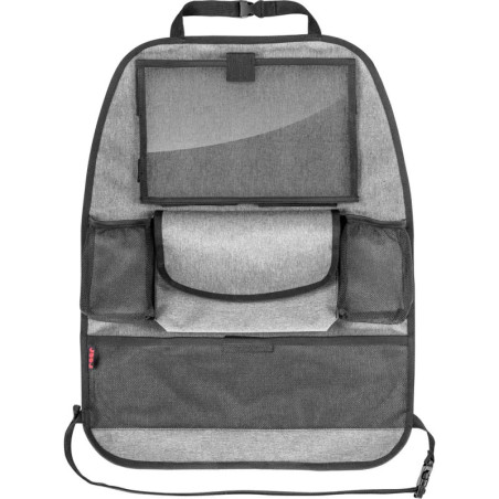 Grauer Auto-Sitz-Organizer mit mehreren Fächern und einer transparenten Tablethalterung oben.