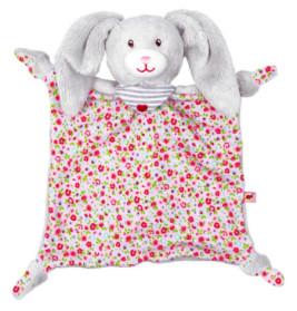Weiche Hasendecke mit Blumenmuster und langen Ohren, als Kuscheltier für Babys gestaltet.
