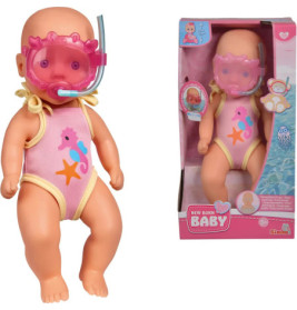 Puppe im Badeanzug mit Schnorchel und Maske, unverpackt und in einer pinken Box dargestellt.
