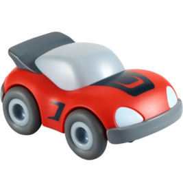 Rotes und graues Spielzeug-Rennauto mit schwarzen Details und großen Rädern vor weißem Hintergrund.