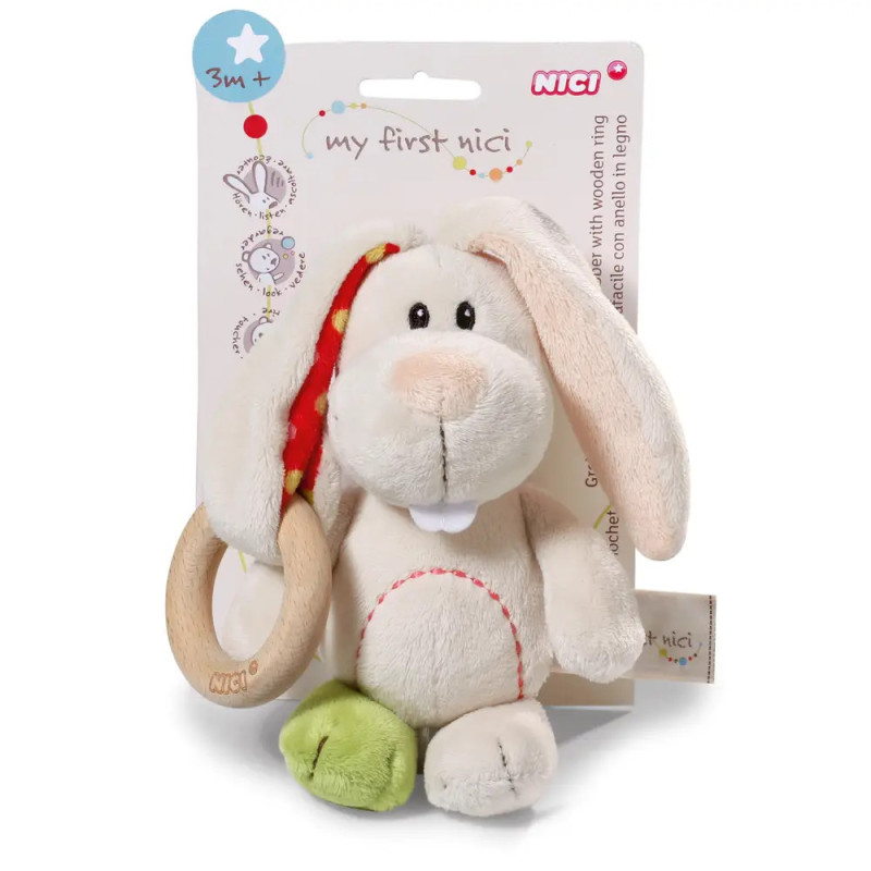 Plüschhase mit Holzring, Verpackung my first nici, geeignet für Babys ab 3 Monaten.