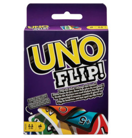 Uno Flip! Kartenspielschachtel mit bunten Karten und gelber sowie weißer Schrift auf lila Hintergrund.