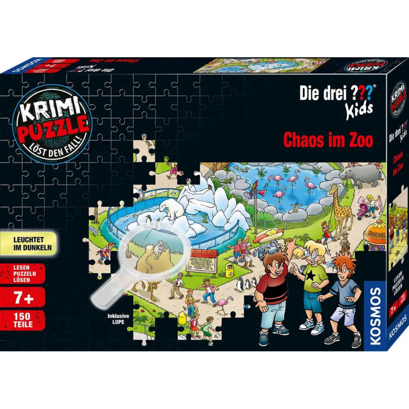 Puzzlebox von Die drei ??? Kids: Chaos im Zoo, zeigt Kinder im Zoo mit Tieren und einer Lupe auf dem Cover. Puzzlebox von Die drei ??? Kids: Chaos im Zoo, zeigt Kinder im Zoo mit Tieren und einer Lupe auf dem Cover.
