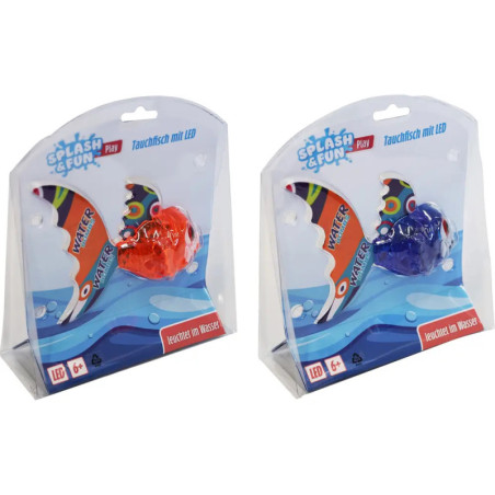 Zwei Packungen LED-Taucher-Spielzeugfische in Orange und Blau, mit Aufschrift Splash & Fun Play.