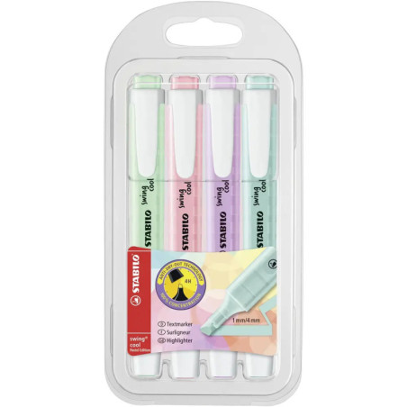 Textmarker - STABILO swing cool Pastel Edition - 4er Pack - Hauch von Minzgrün, rosiges Rouge, Schimmer von Lila, zart