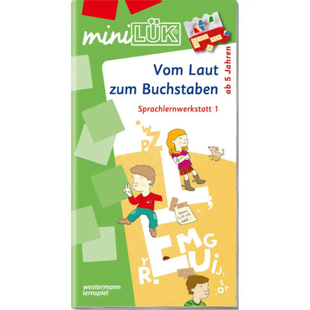 Buchcover mit Kindern, Buchstaben und dem Titel Vom Laut zum Buchstaben für Kinder ab 5 Jahren.