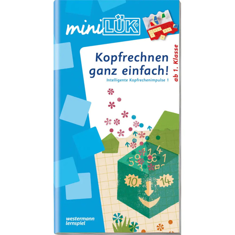 Blaues miniLÜK-Heft mit Rechenzeichen, Blumen und deutschem Text zum Kopfrechnen in Klasse 1.