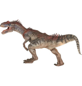 Dinosaurierfigur mit brauner, strukturierter Haut, roten Markierungen, offenem Maul und kurzen Armen, stehend.