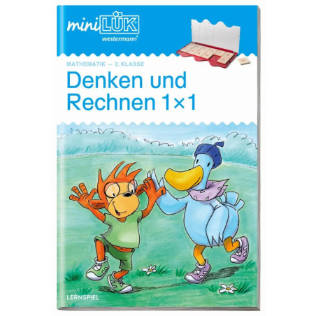 Buchcover: Fuchs und Ente klatschen auf Wiese ab. Titel: Denken und Rechnen 1x1, 2. Klasse Mathematik.