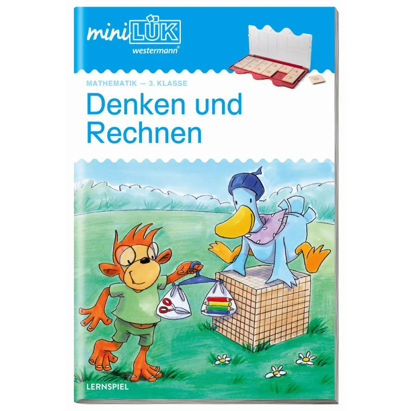 Arbeitsheft-Cover: Cartoon-Tiere mit Einkaufstaschen, Schriftzug Denken und Rechnen.